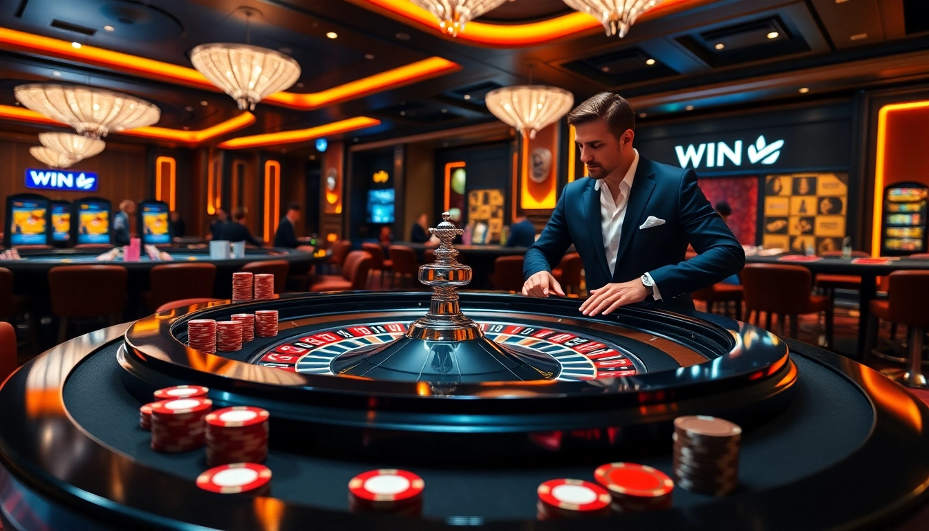 IWIN casino features an elegant roulette table setting with lively gameplay and vibrant colors.