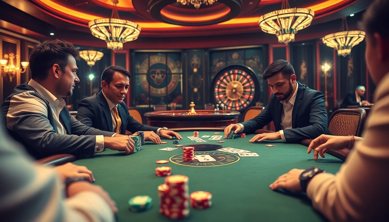 Engaged players at a poker table in a luxurious casino setting, highlighting bk8th excitement.