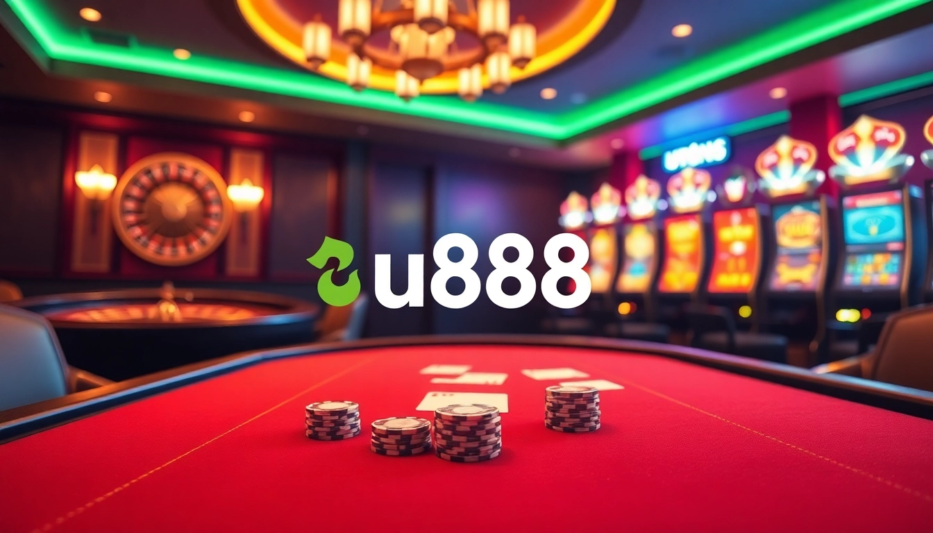 u888 online casino setting with luxurious poker table, roulette wheel, and vibrant slot machines.