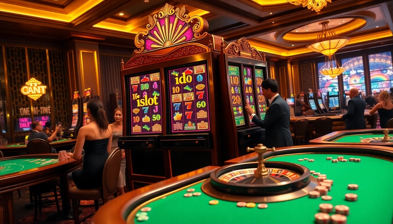 Excited gamblers playing idn slot on a luxurious casino floor.