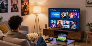 A person using the Pikashow app in a cozy living room for watching movies.