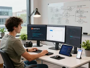 OpenClaw AI workspace with developer managing code, calendar, and messaging at multiple screens