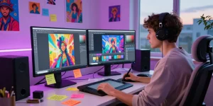 Creative digital artist generating AI NSFW artworks in a modern studio, showcasing innovative art techniques.