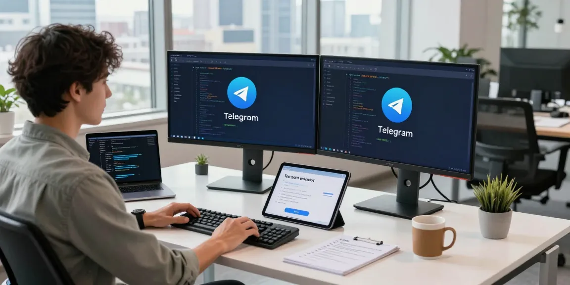 Telegram Download in a tech workspace with dual monitors and coding activity.
