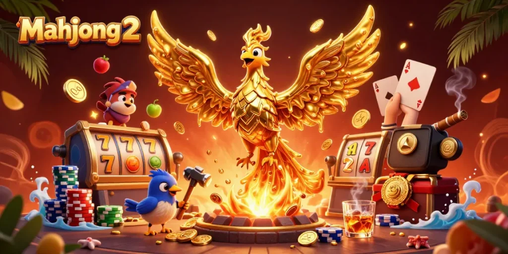 Experience mahjong 2 excitement with golden phoenix, slot reels, and poker action in this vibrant casino scene.