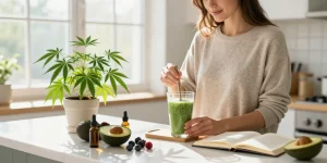 Ministry of Cannabis CBD oil used in vibrant, natural wellness routine with fresh ingredients and a hemp plant.