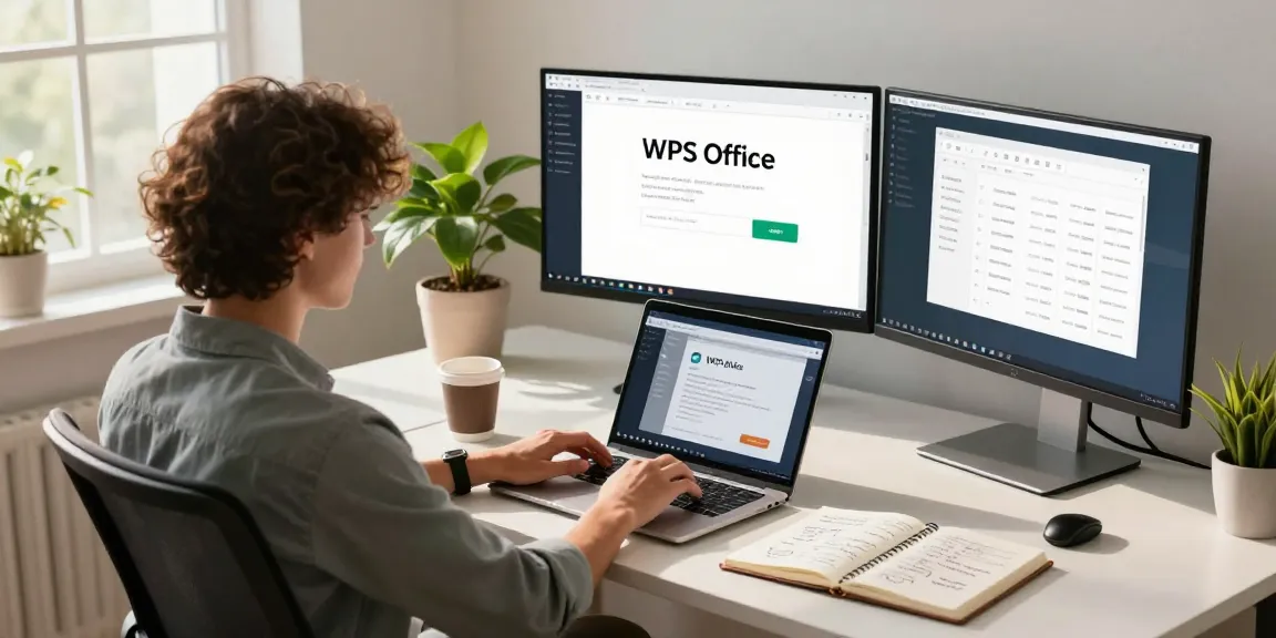 Download WPS Office software in a vibrant home office with modern workspace elements.