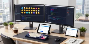 Developer creating Telegram bot in a modern office with dual monitors showcasing coding and design tools, embodying the spirit of telegram官网 development.