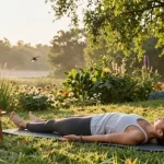 CBD edibles UK gummies on outdoor table during soothing yoga session in nature.