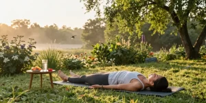 CBD edibles UK gummies on outdoor table during soothing yoga session in nature.