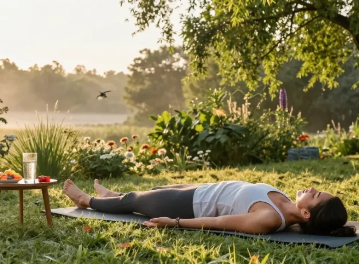 CBD edibles UK gummies on outdoor table during soothing yoga session in nature.