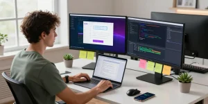 Showcase of a focused developer at the telegram官网 software workspace, highlighting vibrant coding environment and modern tech setup.