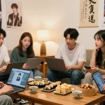 Diverse group discussing Asian pop culture at https://hanadultalk.com, enjoying snacks and vibrant decor.
