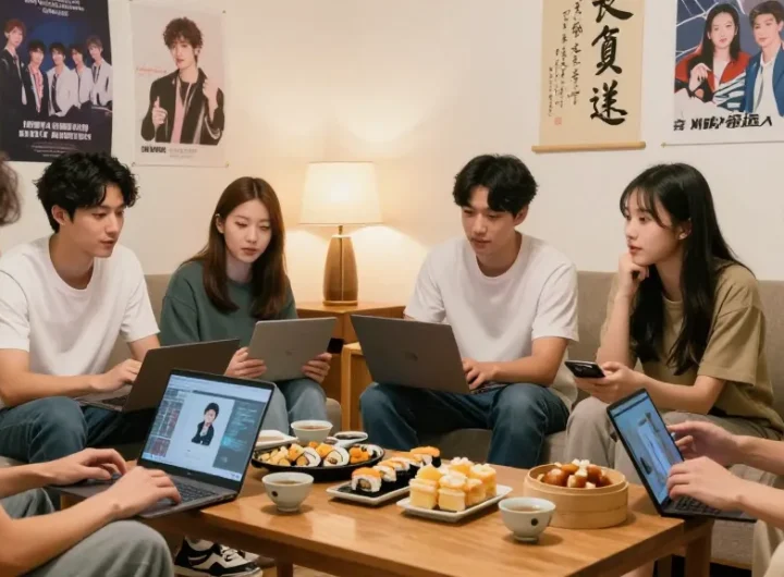 Diverse group discussing Asian pop culture at https://hanadultalk.com, enjoying snacks and vibrant decor.
