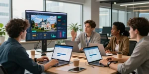 Investment team using rokok88 login on laptops in dynamic office