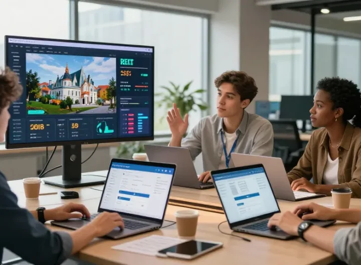 Investment team using rokok88 login on laptops in dynamic office