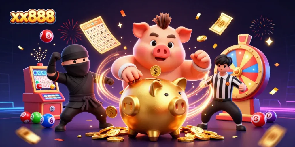 Winning big at xx888 with a 3D golden piggy bank sumo wrestler amidst vibrant casino elements.